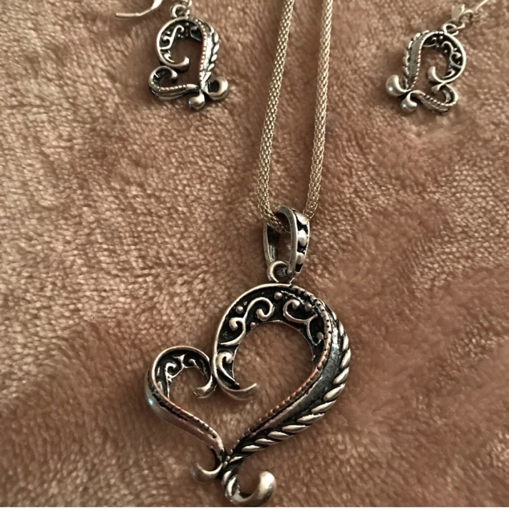 "Silver & Black heart necklace and earrings set.